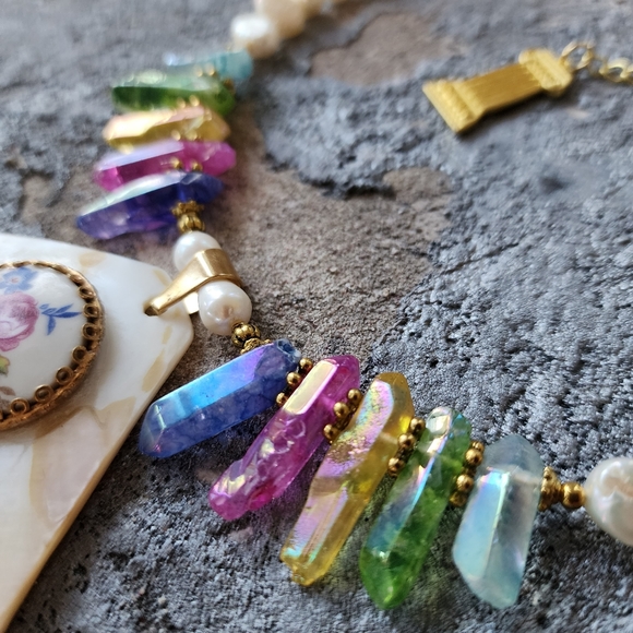 Designer Pearls Necklace Natural Himalayan Ctystal Pendant Vintage  Medallion - Picture 2 of 12